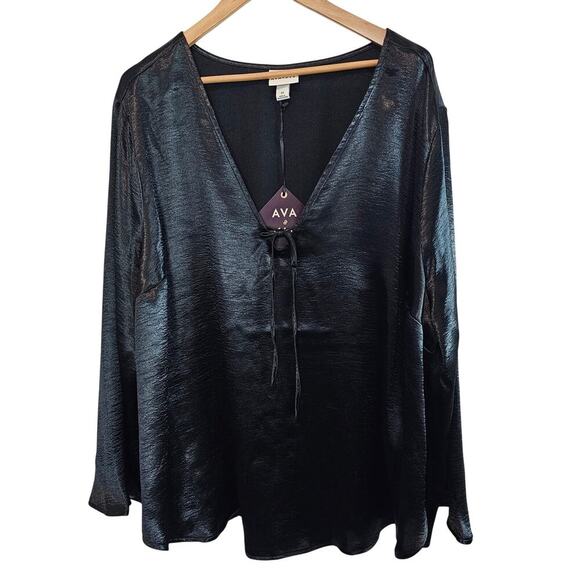 Ava & Viv Blouse Women 3X Black Silky Y2K Whimsygoth Fairy Bell Sleeve V-Neck - Picture 1 of 9